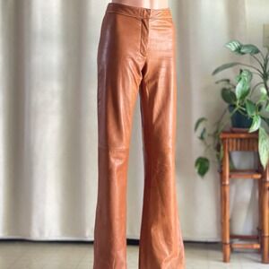 Vintage 90s Cache Cognac Brown Genuine Leather Flare Pants Bootcut Trousers 10